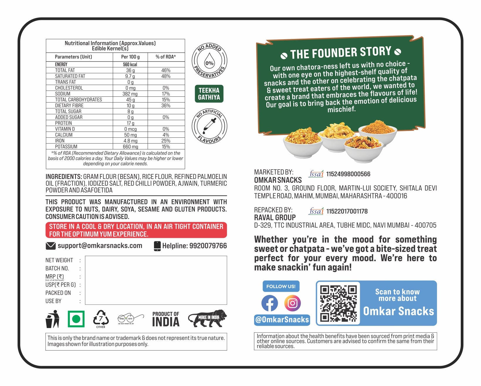 Tikha Gathiya nutrition facts and Omkar Snacks founder story printed on pack