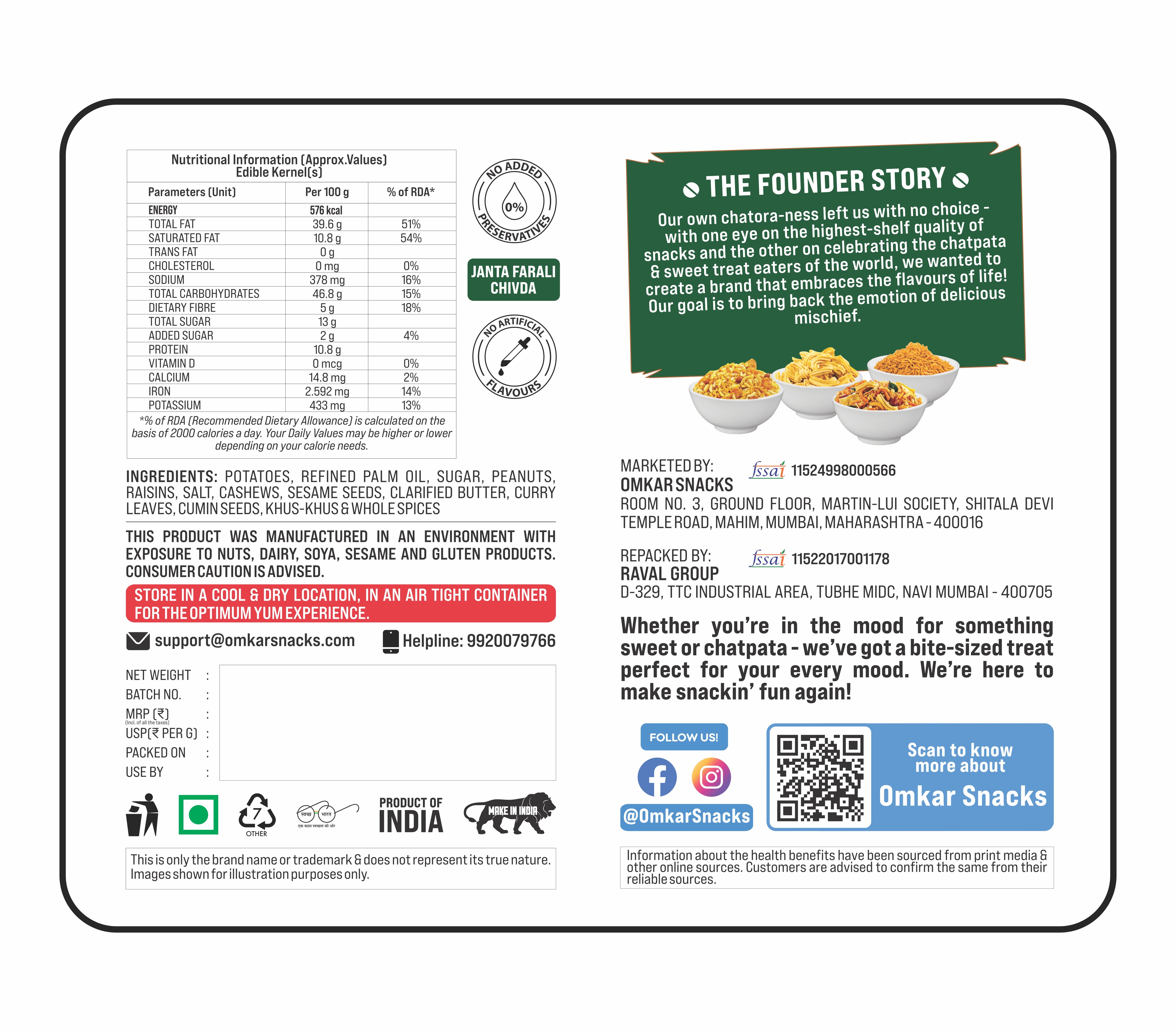 Nutritional label and founder story of Omkar’s Janta Farali Chivda. 