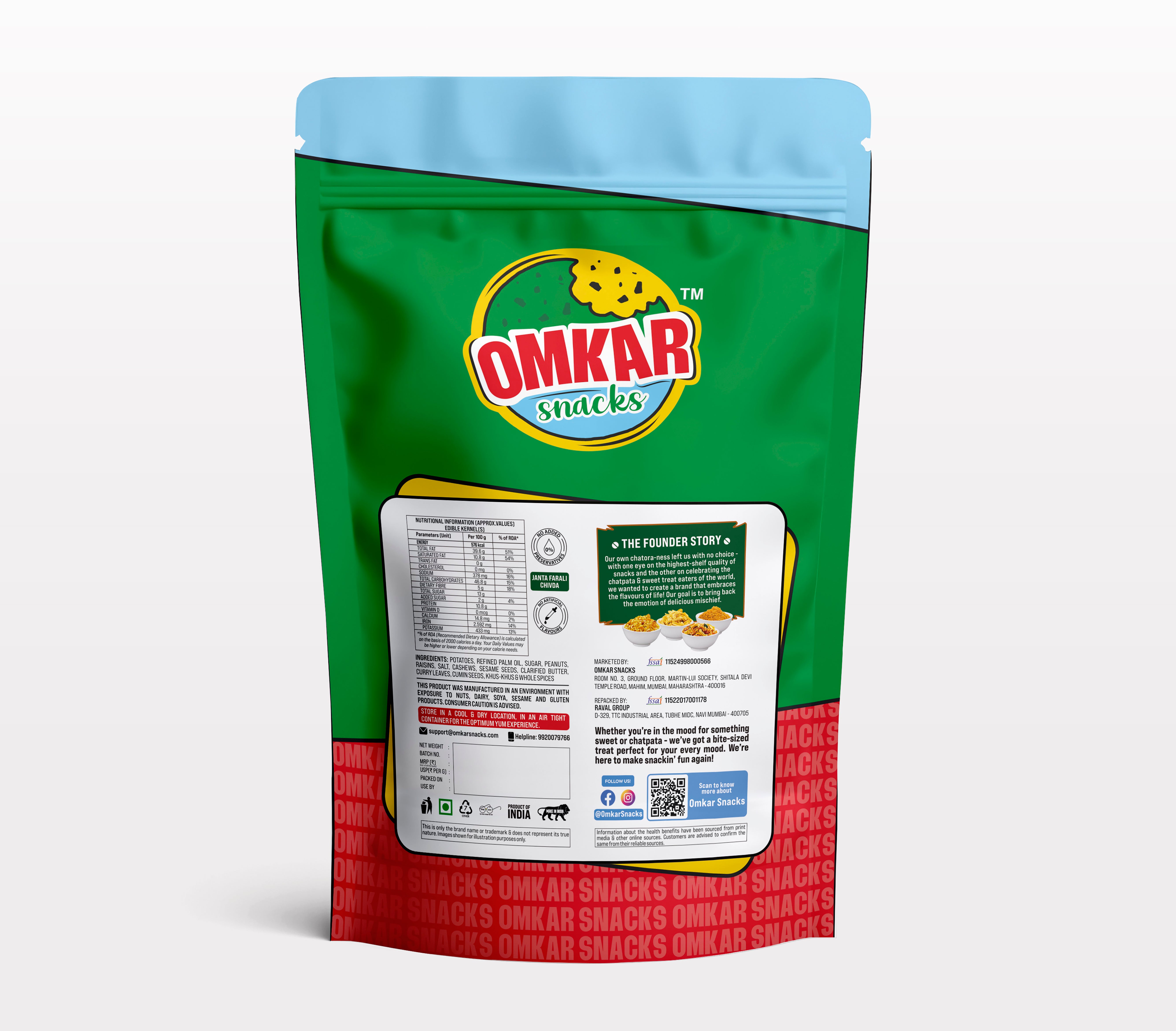 Back side of Omkar Farali Chivda packet showing ingredients and branding.