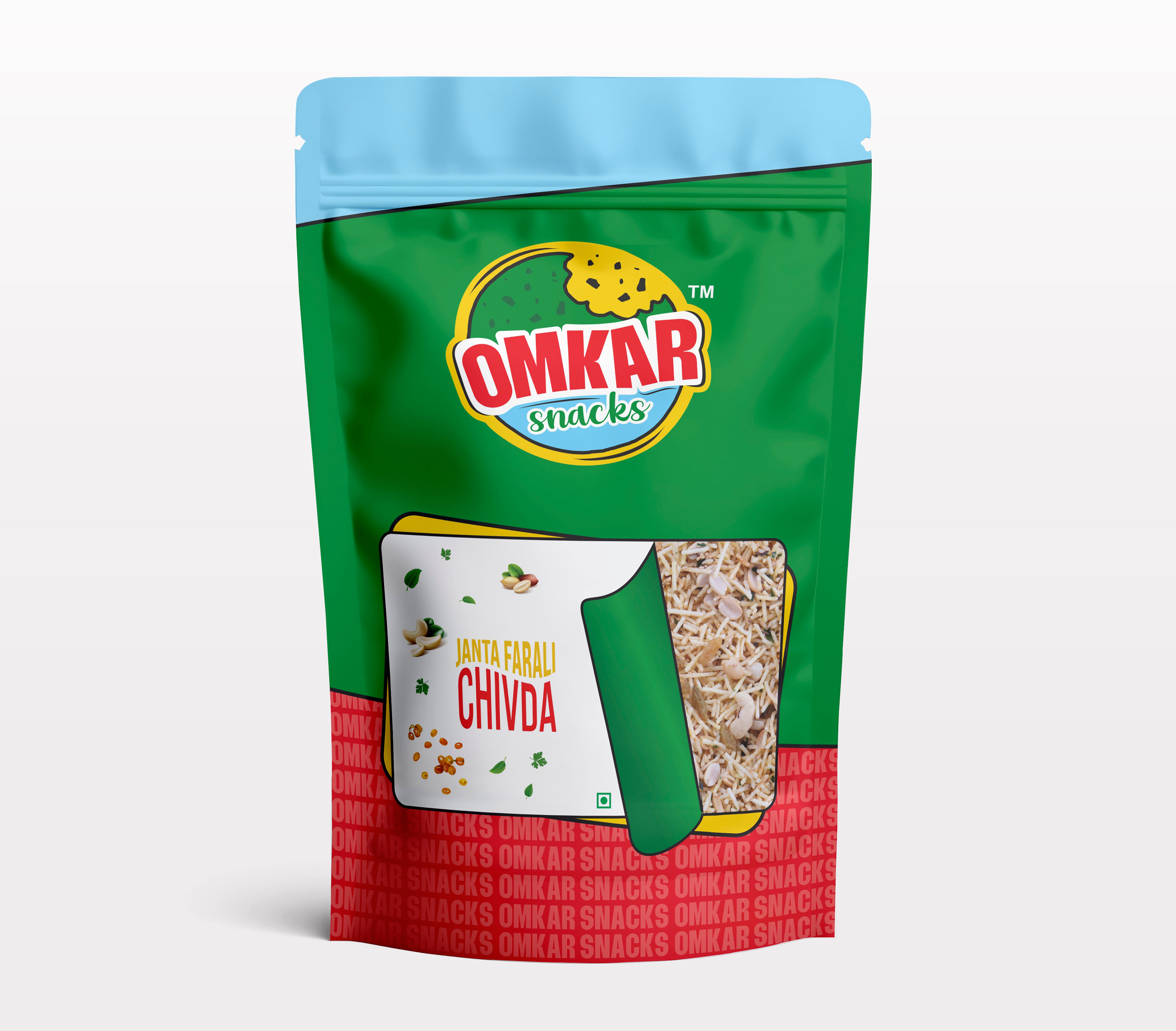 Front view of Omkar Janta Farali Chivda snack pack.